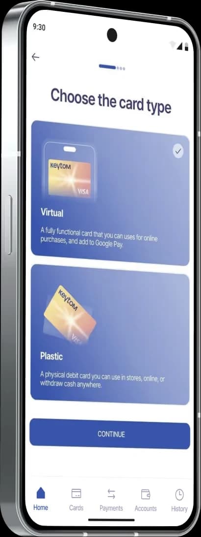 Keytom app card-type selection — choose a virtual Visa card for online payments or a physical Keytom debit card