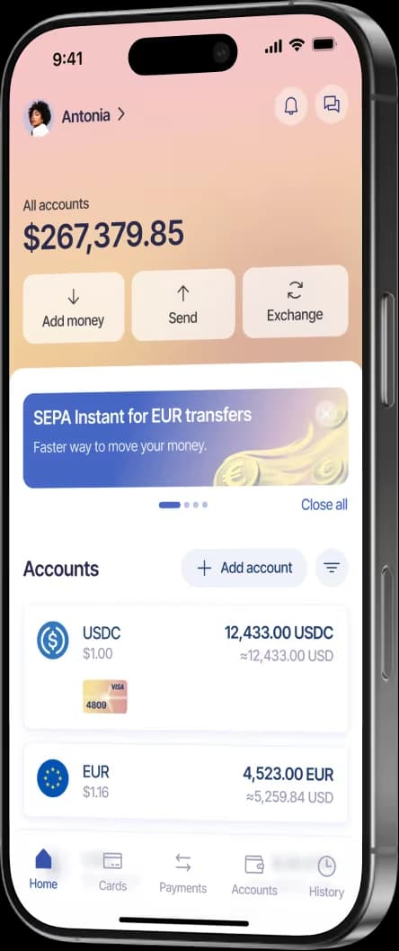 Keytom app home screen with total balance, USDC and EUR accounts, a SEPA Instant banner, and Send, Add money and Exchange actions